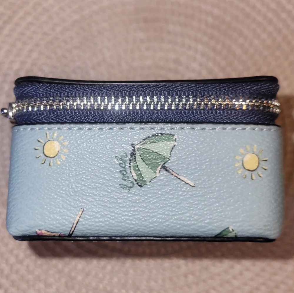 Coach Light Blue Umbrella & Sun Print Leather Zip Jewelry Case - Picture 6 of 9